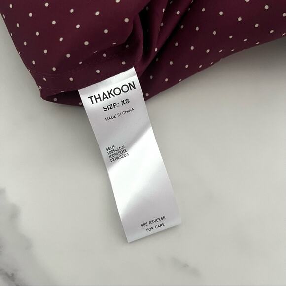 Takoon Silk Wrap Tie Shirt Dress in maroon polka dots Sz XS minimalist oversize - Picture 8 of 9